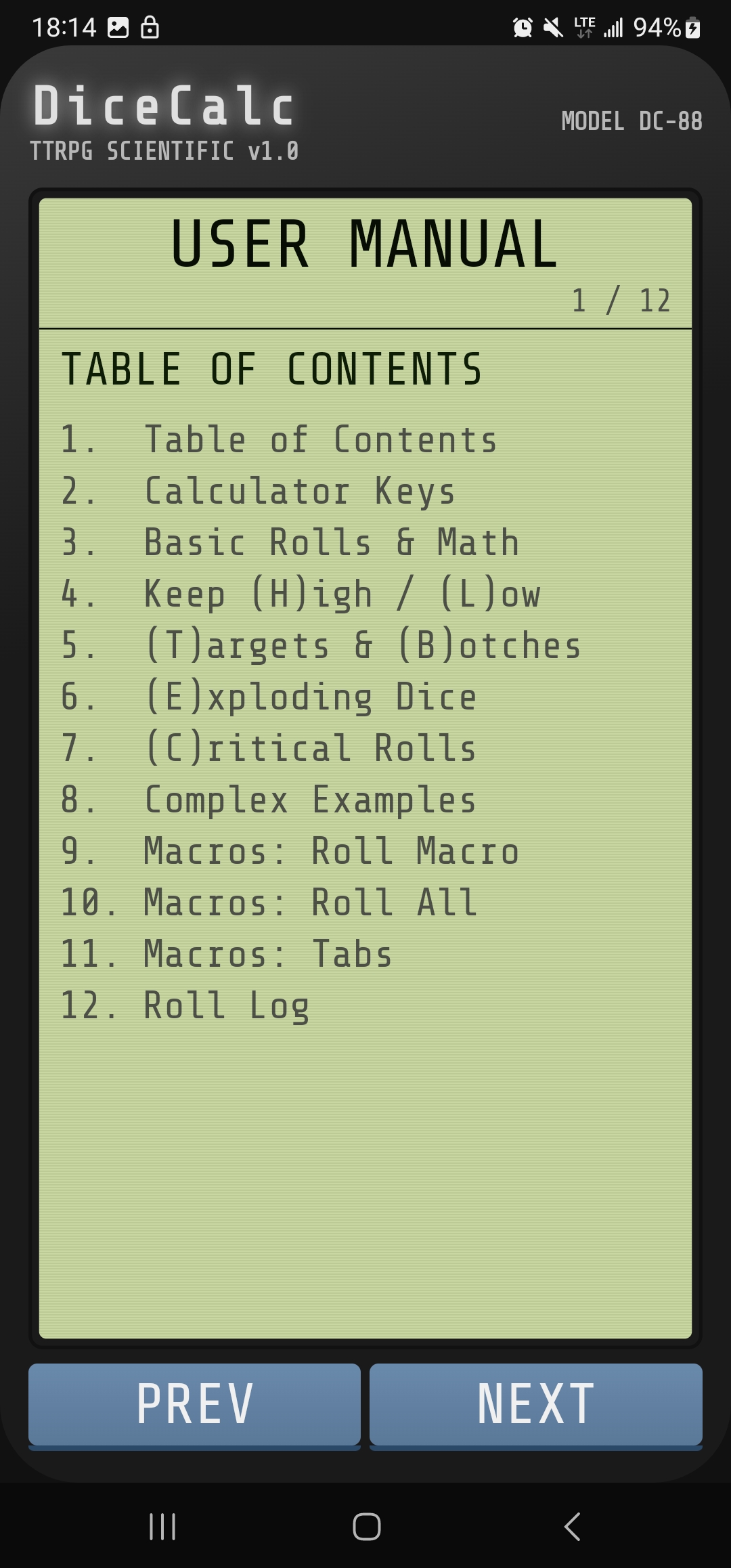 In-app user manual table of contents